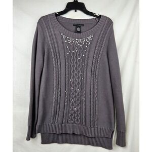 Grace Elements Cable‎ Knit Rhinestone Embellished Cotton Sweater Womens M